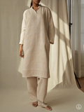 Beige linen co-ord set with shirt kurta and straight pants