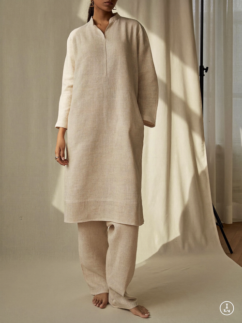 Beige linen co-ord set with shirt kurta and straight pants