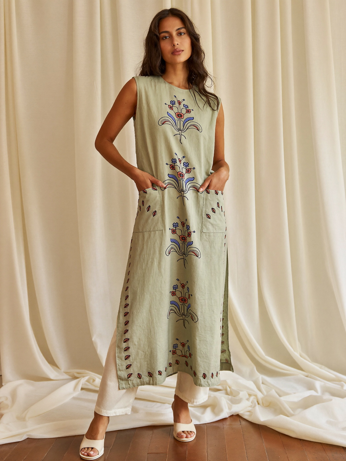 Sage green block-print A-line kurti
