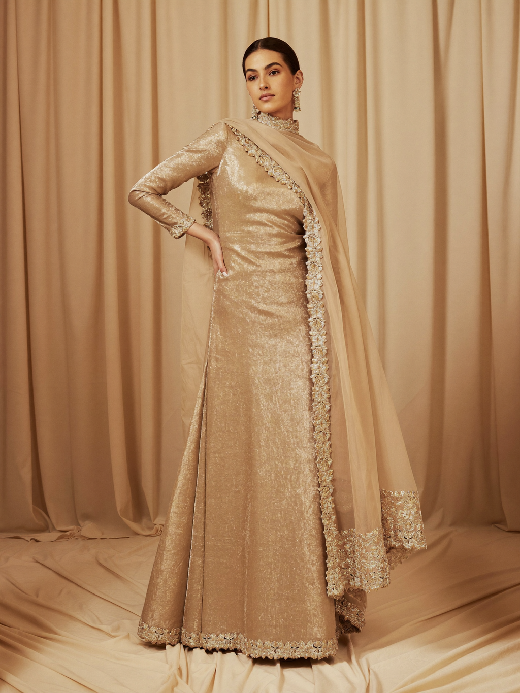 Champagne tissue silk anarkali with zari-edged dupatta