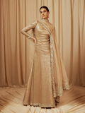 Champagne tissue silk anarkali with zari-edged dupatta