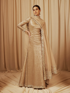 Champagne tissue silk anarkali with zari-edged dupatta