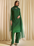 Emerald organza kurta set with embroidered yoke and dupatta