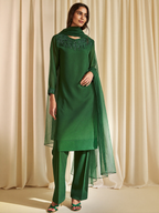 Emerald organza kurta set with embroidered yoke and dupatta