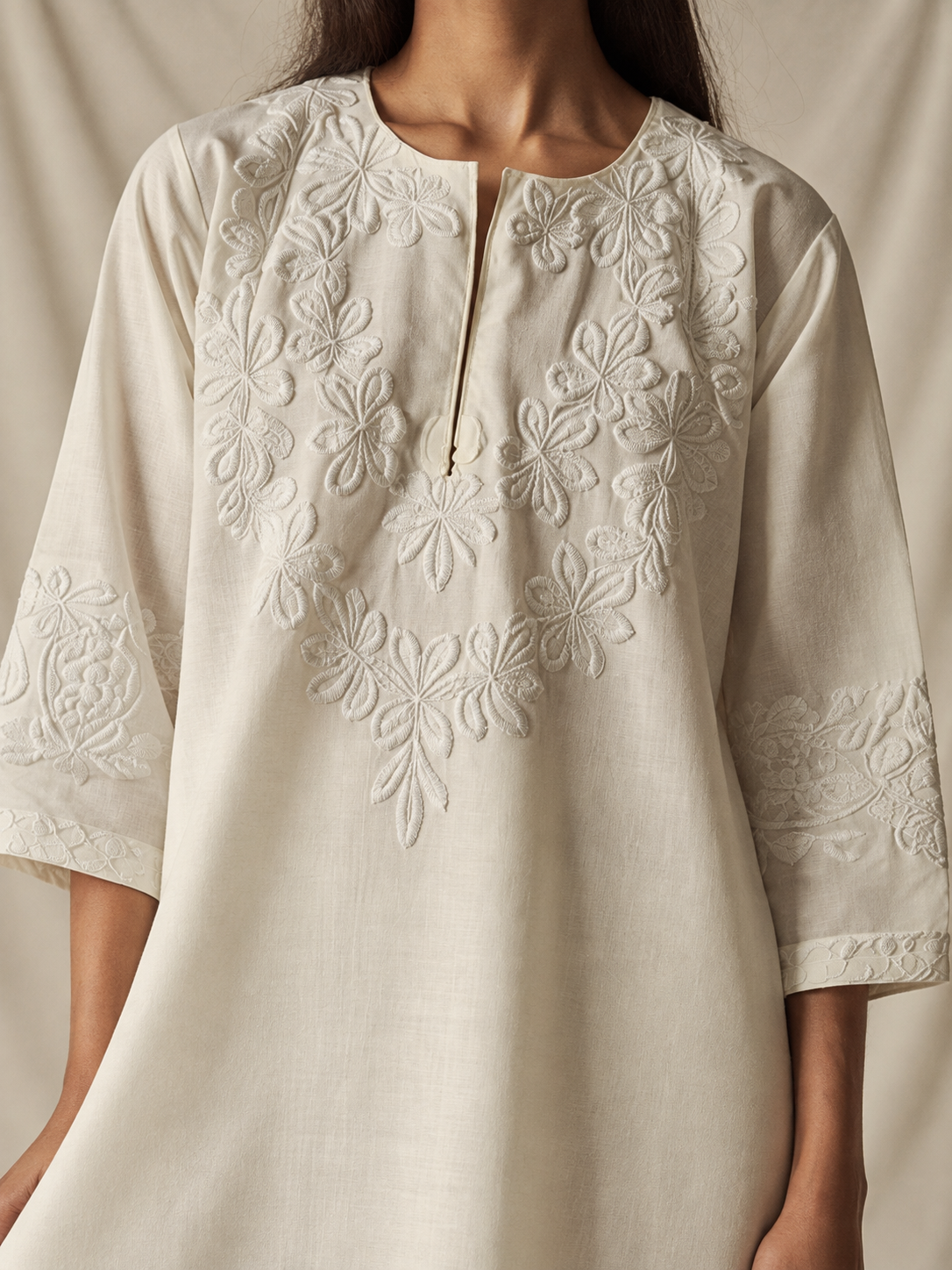 AI demo — Ivory Chikankari Straight Kurti, detail close-up