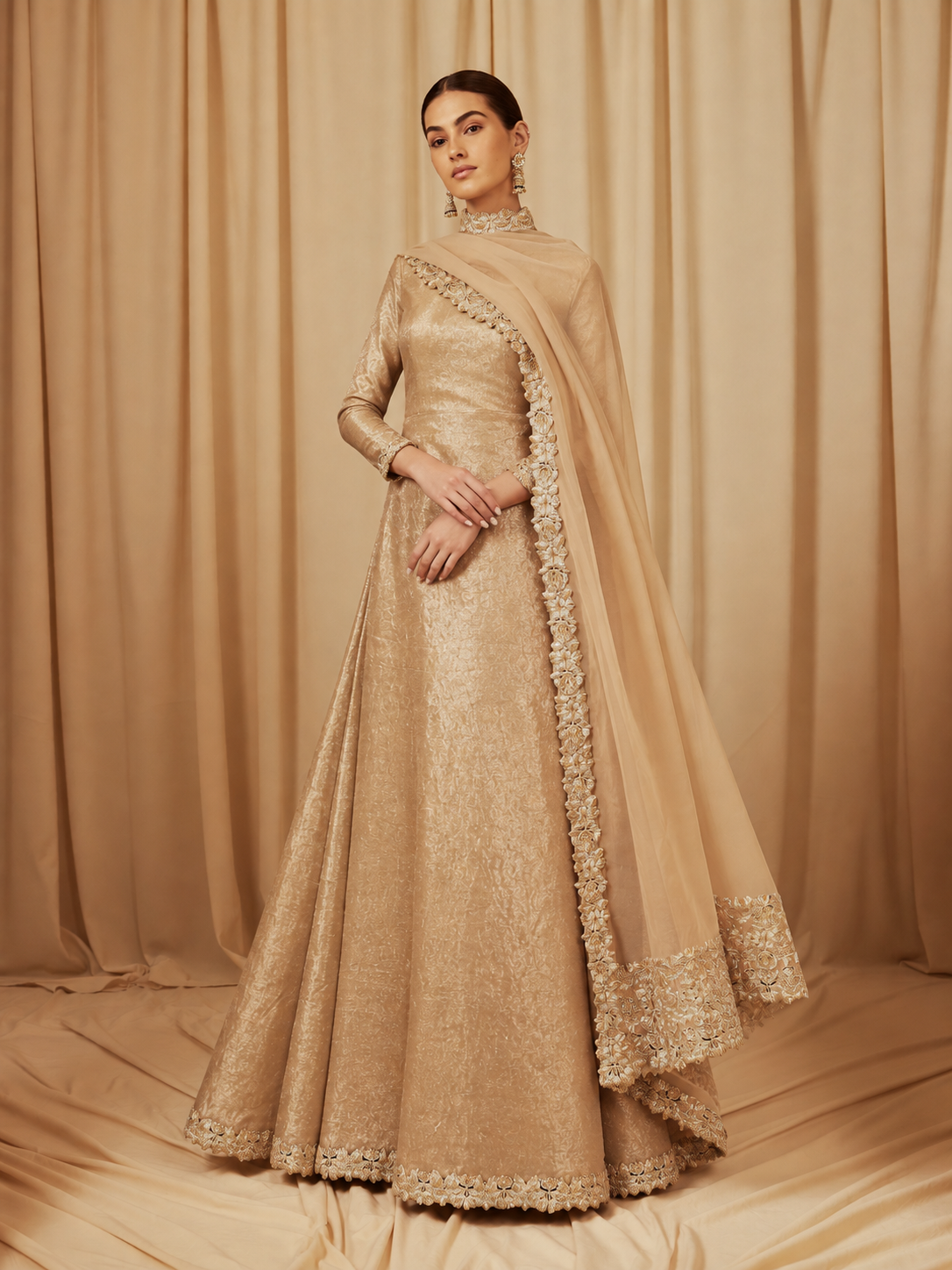AI demo — Champagne Tissue Anarkali Set, angle