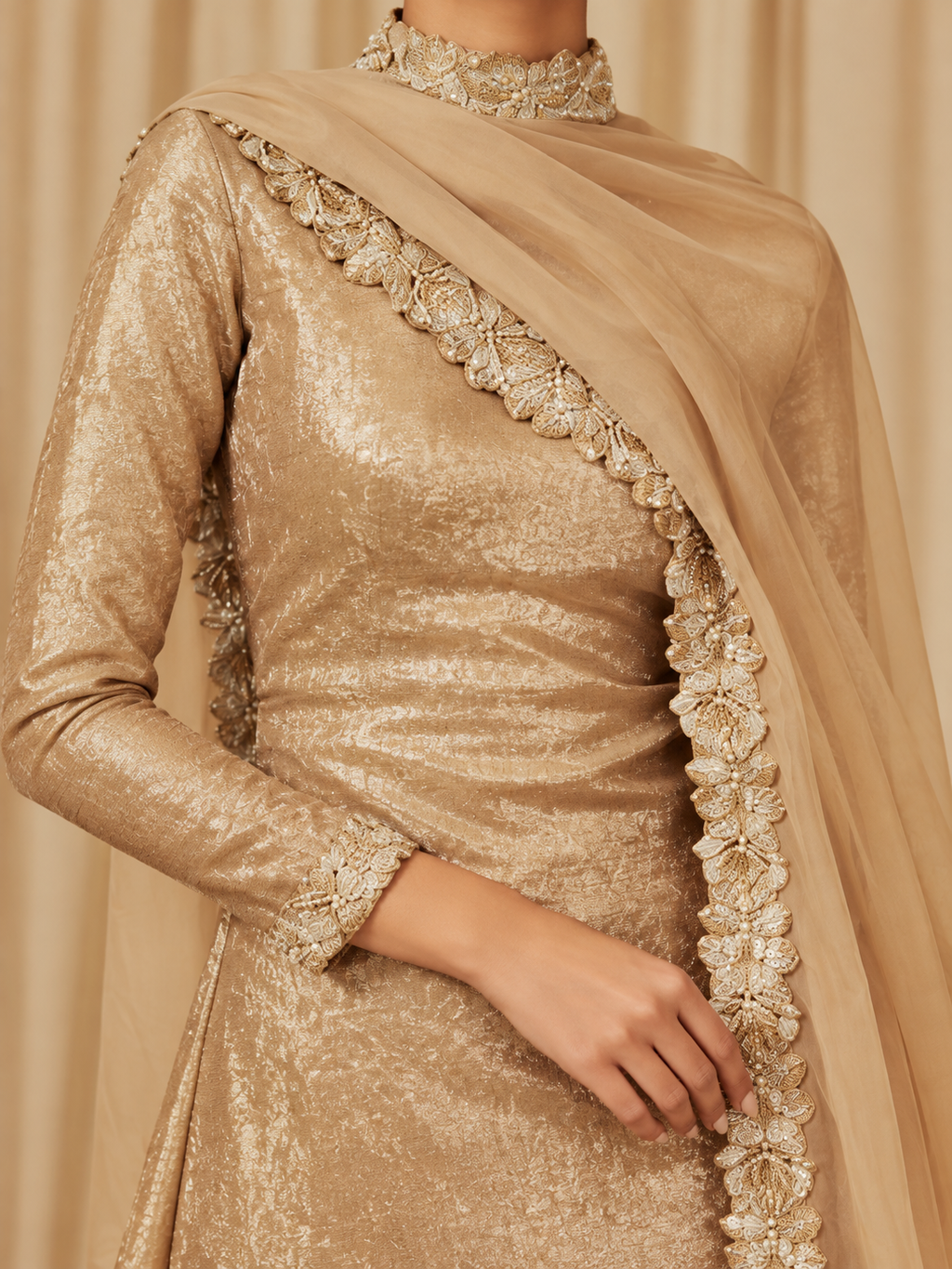 AI demo — Champagne Tissue Anarkali Set, detail