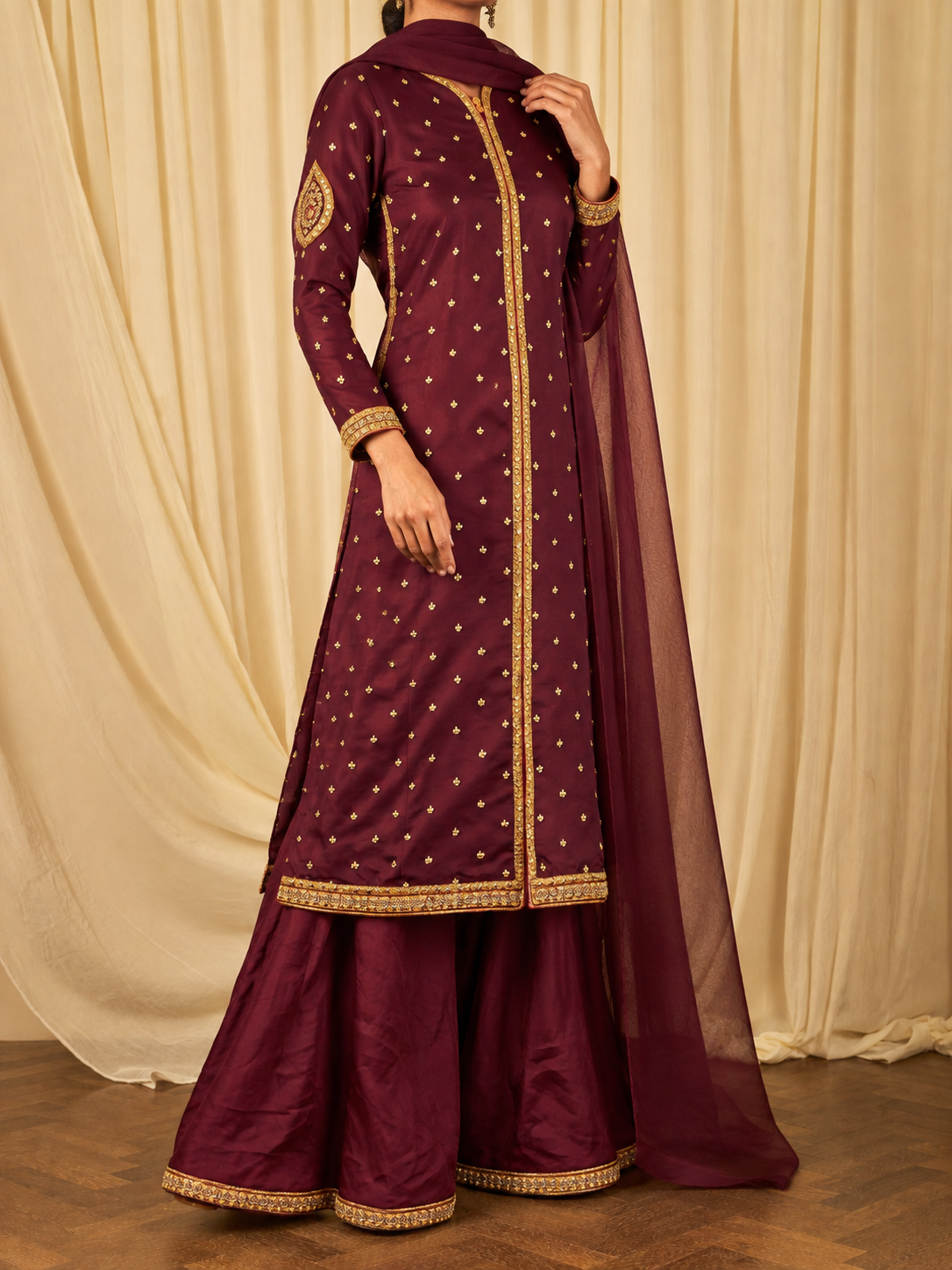AI demo — Maroon Silk Sharara Set, angle